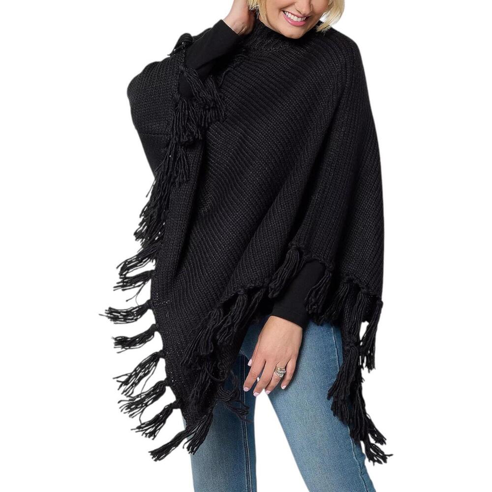 Martha Stewart Women's Asymmetrical Sweater Cape w/ Fringe Caviar - Missy